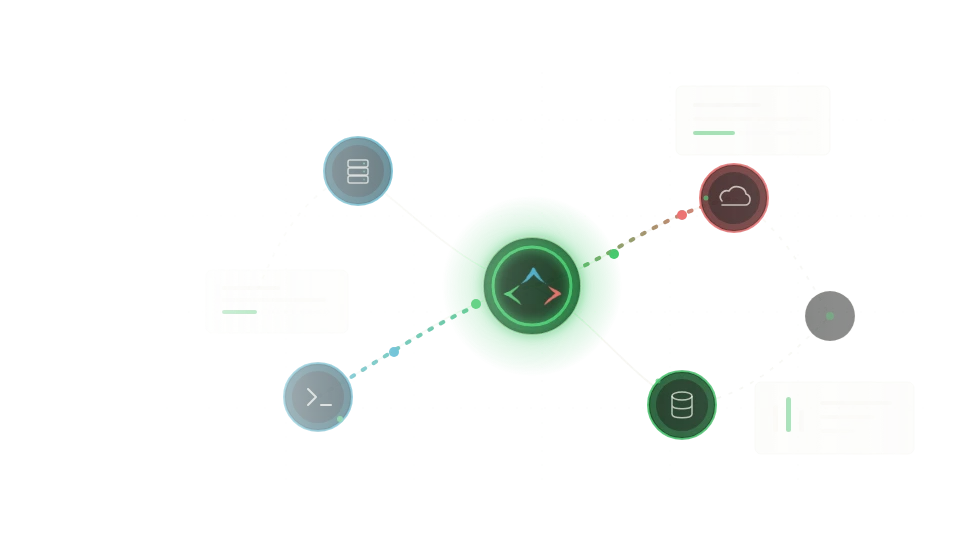 Maya at the centre of a network of agents, a cloud service, a terminal, a database and other services, with telemetry readings beside them